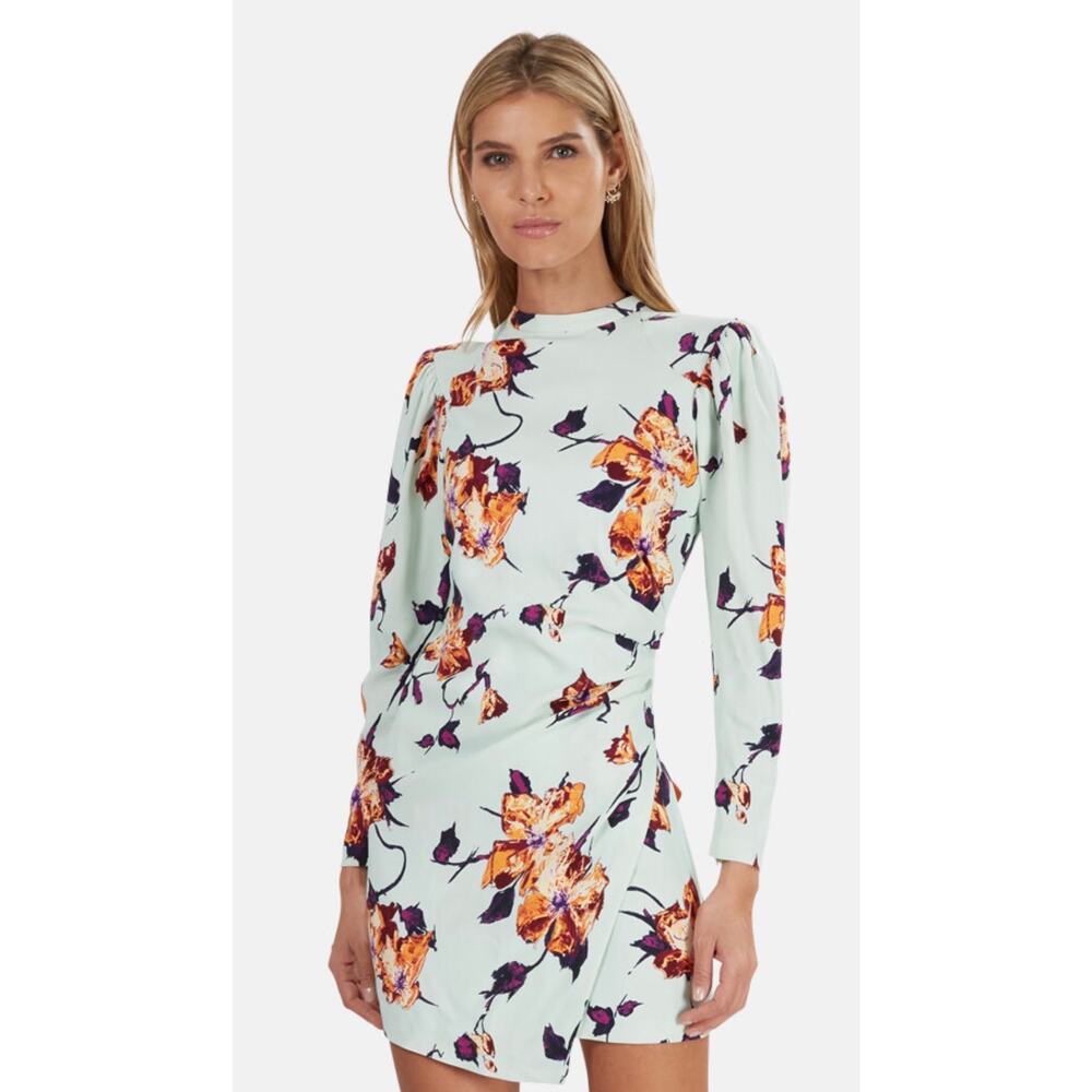 A.L.C. Long Sleeve Ruched Floral Mini Dress | Size 8 | Mint Green